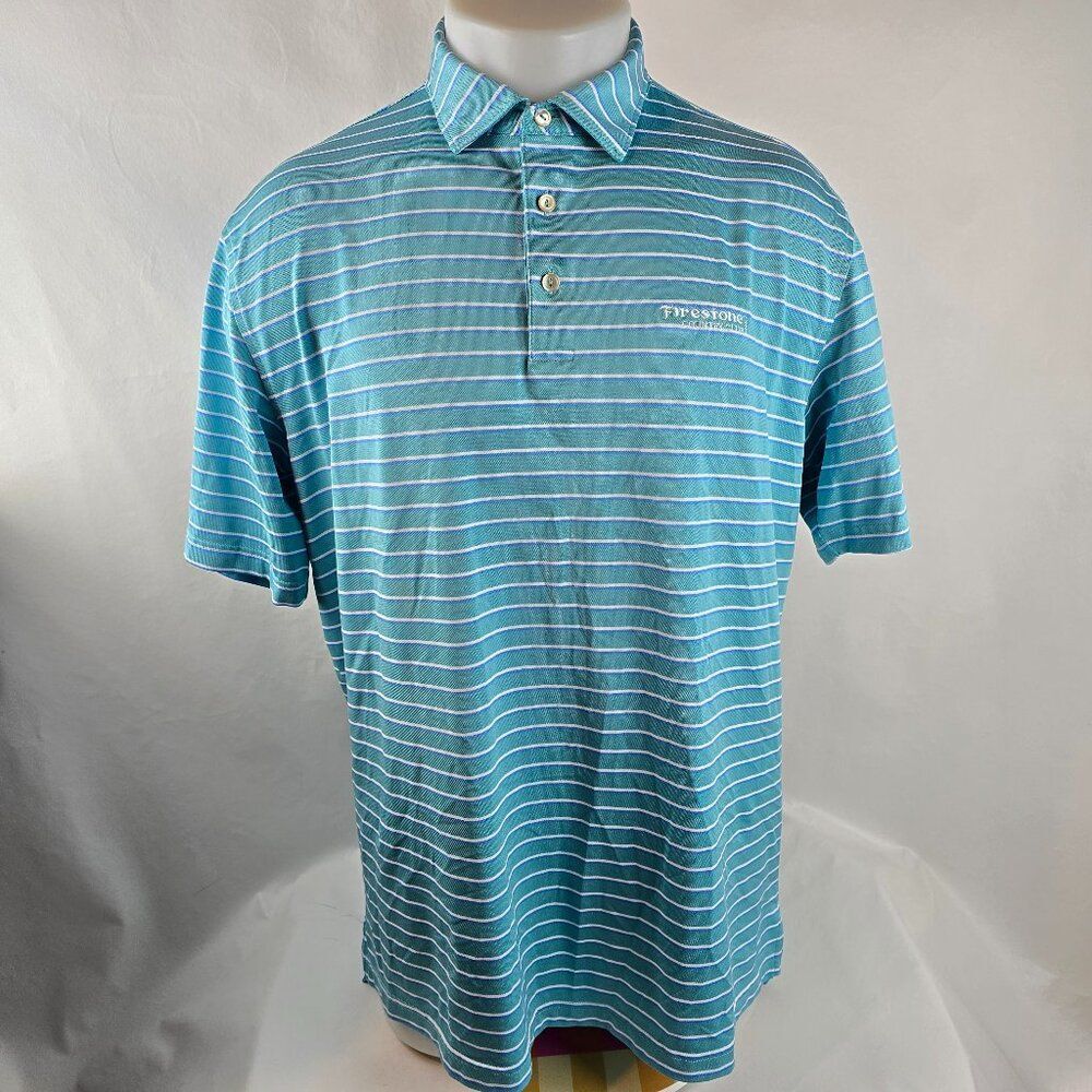 Peter Millar Shirt Mens Large Blue Teal Golf Polo Summer Comfort Coley Striped